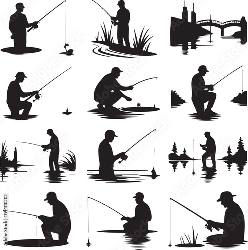 black silhouettes of people fishing in various poses on riverbanks and in water  serene outdoor scenery
