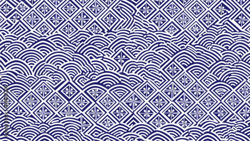 Close-up of a blue and white patterned textile with intricate geometric designs and wavy lines on a seamless background.