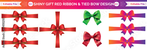 Vector decorative shiny gift red ribbon with tied bow design element isolated on white background.