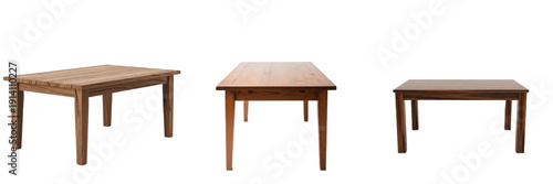 Set of Modern Wooden Dining Tables with Different Perspectives Isolated on White Background for Interior Design
