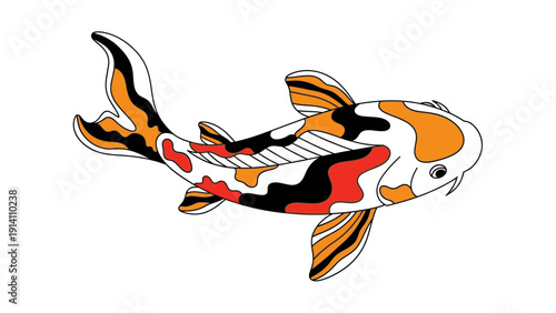 A colorful koi fish with orange, white, black, and red markings swims against a clean white background in a graphic illustration.