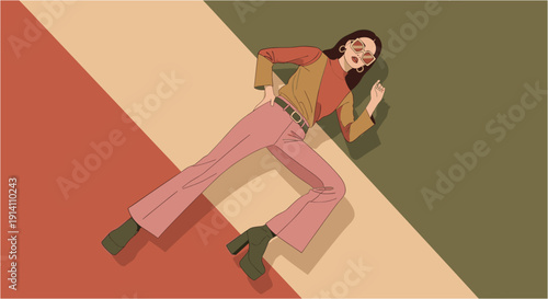 Stylish young woman in retro 70s fashion, including bell-bottom pants and platform shoes, posing dynamically against a vintage-inspired background.