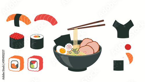 Flat lay illustration of various Japanese food items including sushi rolls, sashimi, and ramen noodles on a white background.