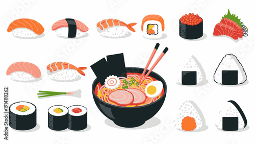 Flat lay illustration of various sushi pieces and a bowl of ramen on a white background with a variety of Japanese food items.