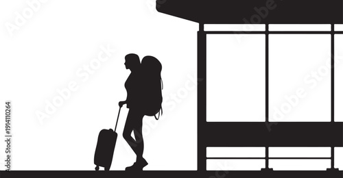 Silhouette of traveler with luggage and backpack near building
