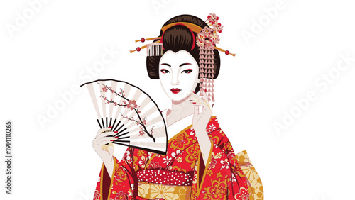 A traditional Japanese geisha in a vibrant red and gold kimono holding a fan with a cherry blossom design against a plain white background.