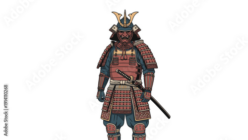 Illustration of a samurai warrior in traditional armor and helmet holding a sword against a plain white background with a bold and powerful mood.