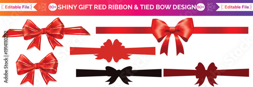 Vector decorative shiny gift red ribbon with tied bow design element isolated on white background.