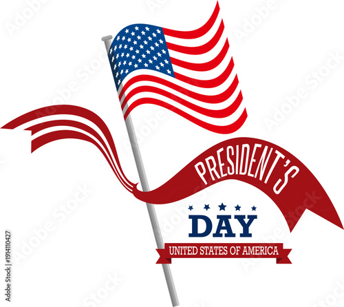 Presidents Day USA patriotic icon collection with American flag, ribbon banner and Uncle Sam hat symbols isolated on white background vector for national holiday celebration design.
