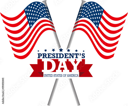Presidents Day USA patriotic icon collection with American flag, ribbon banner and Uncle Sam hat symbols isolated on white background vector for national holiday celebration design.
