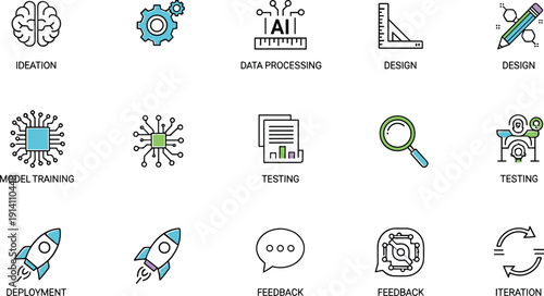Artificial Intelligence Workflow Icon Set with Ideation, Data Processing, Model Training, Testing, Deployment and Iteration Process Symbols