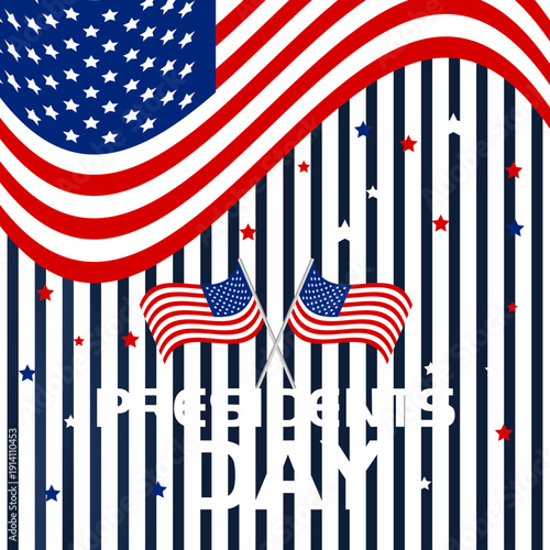 Presidents Day USA patriotic icon collection with American flag, ribbon banner and Uncle Sam hat symbols isolated on white background vector for national holiday celebration design.