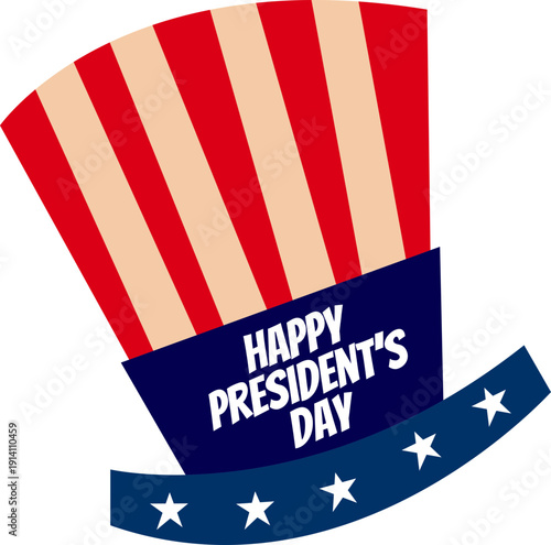 Presidents Day USA patriotic icon collection with American flag, ribbon banner and Uncle Sam hat symbols isolated on white background vector for national holiday celebration design.