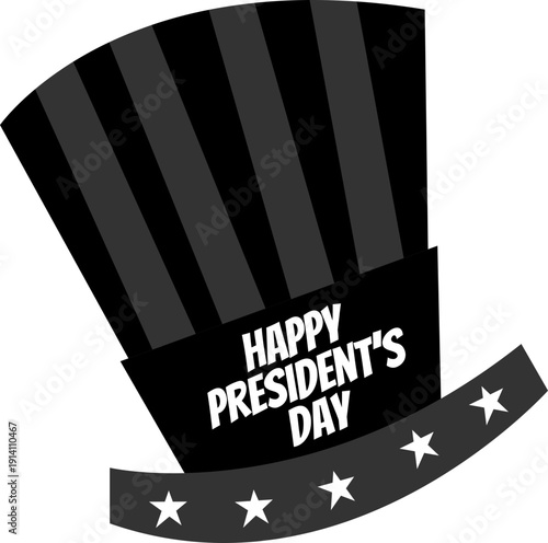 Presidents Day USA patriotic icon collection with American flag, ribbon banner and Uncle Sam hat symbols isolated on white background vector for national holiday celebration design.