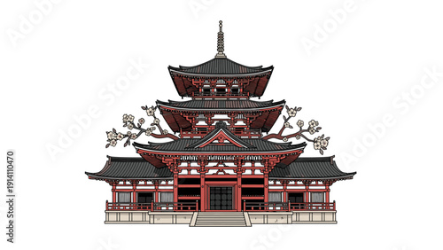 Illustration of a traditional Japanese pagoda with red and black architecture against a white background.