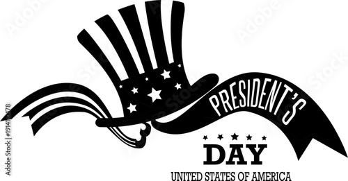 Presidents Day USA patriotic icon collection with American flag, ribbon banner and Uncle Sam hat symbols isolated on white background vector for national holiday celebration design.