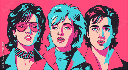 Vibrant pop art illustration featuring three stylish individuals with expressive faces, rendered in a bold, retro 80s aesthetic with striking color contrasts.