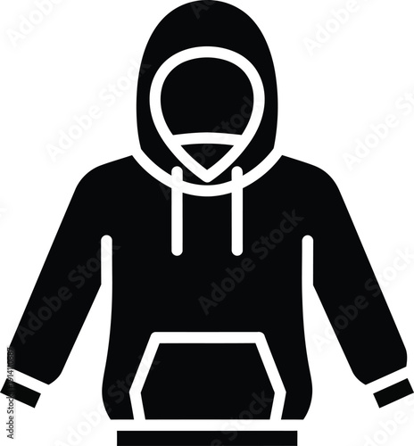 A minimalist black and white icon representing a hooded sweatshirt with long sleeves and a front pocket.