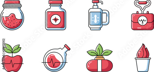 Blood Donation and Medical Healthcare Icon Set with Transfusion Bag, Heart Monitor, Plasma Bottle and Life Saving Treatment Vector Illustration