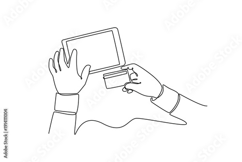 Man using credit card and Office desk table. online payment concept. Payment Online concept. Single line draw design. Full length animation illustration. High quality 4k footage