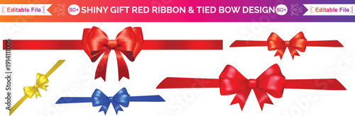Red ribbon bow vector collection. Decorative gift wrap set. Red bow ribbon and red ribbon with isolated against transparent background. Christmas and happy birthday concept, Editable Collection.