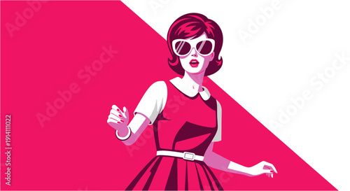 A stylish woman with retro sunglasses and a pink dress poses against a vibrant fuchsia and white background, exuding a playful 1960s pop art aesthetic.