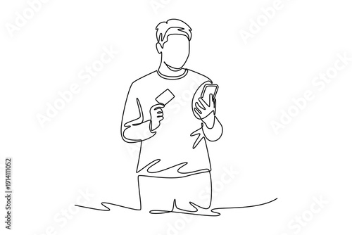 Man Making Online Payment Using Credit Card. Payment Online concept. Single line draw design. Full length animation illustration. High quality 4k footage