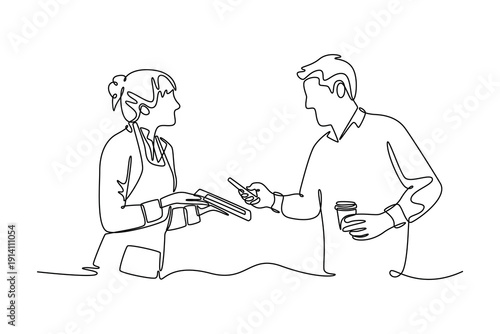 woman is holding tablet for customer using smart phone scan QR code on tablet for payment. Payment Online concept. Single line draw design. Full length animation illustration. High quality 4k footage