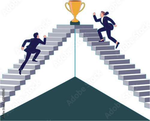 Two business professionals racing up separate staircases toward a trophy symbolizing competition, ambition, and the pursuit of success in corporate leadership