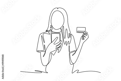 young woman using mobile phone showing plastic credit card, Online payment. Payment Online concept. Single line draw design. Full length animation illustration. High quality 4k footage