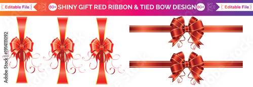 Red ribbon bow vector collection. Decorative gift wrap set. Red bow ribbon and red ribbon with isolated against transparent background. Christmas and happy birthday concept, Editable Collection.
