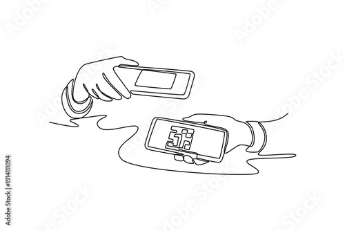 Woman scanning QR code online shopping cashless technology. Payment Online concept. Single line draw design. Full length animation illustration. High quality 4k footage