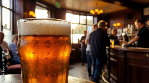 Golden pint of beer with frothy head glowing on pub table, warm cozy atmosphere and people socializing in background