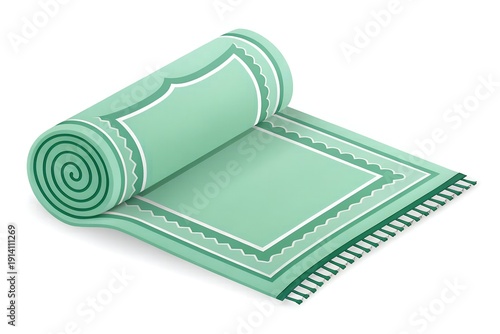 3D minimalist icon of a prayer rug (Janamaz) rolled up, soft fabric texture, pastel green color, isolated on white.