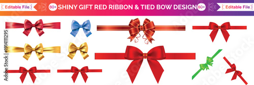Red ribbon bow vector collection. Decorative gift wrap set. Red bow ribbon and red ribbon with isolated against transparent background. Christmas and happy birthday concept, Editable Collection.