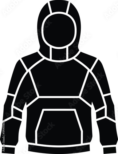 A stylized black silhouette icon of a hoodie with technical panel design outlines