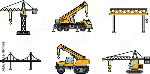 Construction Crane and Heavy Lifting Machinery Illustration Set with Tower Crane, Mobile Crane and Industrial Equipment Icons