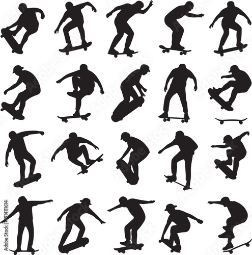 Collection of skateboarders in various poses and movements on white background
