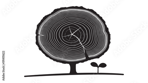 Conceptual black silhouette of a tree trunk cross section with detailed annual rings shaped like a leafy canopy and a small sapling sprout symbolizing life cycle and growth vector illustration