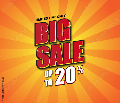 Big Sale Banner with Sunburst Background Up to 20 Percent Discount