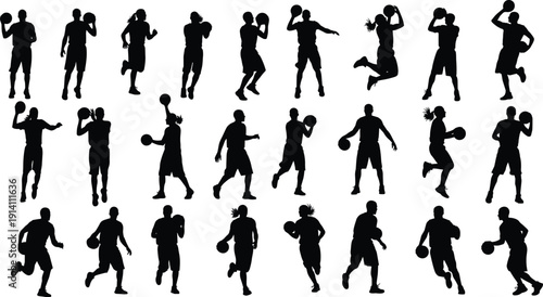 Basketball Player Silhouette Collection, Dribbling, Passing and Shooting Action Poses, Black Vector Illustration Isolated on White Background