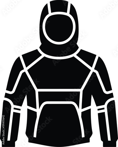 Black silhouette icon of a technical hoodie or jacket with distinct panel lines for sportswear