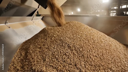 A close-up shot captures golden grain pouring from an industrial chute, forming a large pile inside an agricultural processing facility, conveying a sense of productivity.