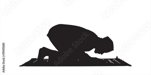 Muslim prayer silhouette set showing Islamic worship positions, men and women praying namaz isolated on white background illustration