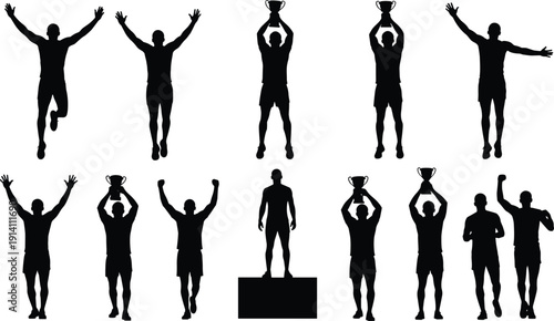Champion Celebration Silhouette Collection, Athletes Holding Trophy and Winning on Podium, Black Vector Illustration Isolated on White Background
