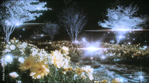 A tranquil garden at night with luminous flowers and trees, creating a magical atmosphere. Sparkling lights add an extra layer of enchantment.