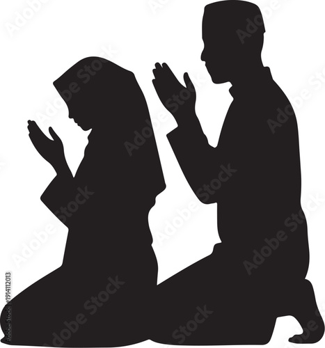 Silhouettes of a man and woman praying in Islamic style