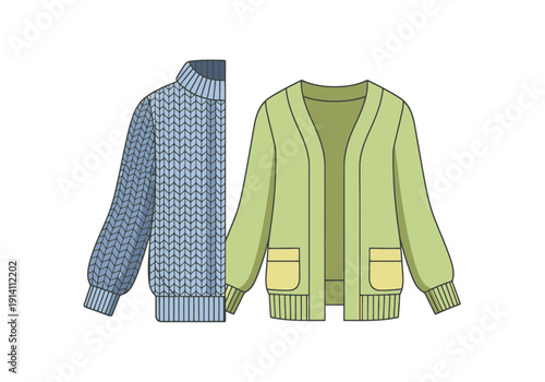 Detailed Fashion Design Flat Sketches of Two Womens Cardigans Showing Front and Back Views for Apparel Industry Concepts