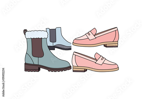 Collection of Footwear Featuring Two Pairs Of Chic Loafers And Two Pairs Of Stylish Winter Boots For Women Presented Against A Clean White Background