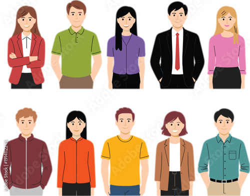 Diverse group of business people and casual individuals standing together, modern flat style character set isolated on light background